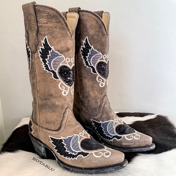 SOLD CORRAL Boots Sequin Heart Wings Mid Calf Snip Toe Cowgirl Cowboy Boot 6.5 - Picture 7 of 11